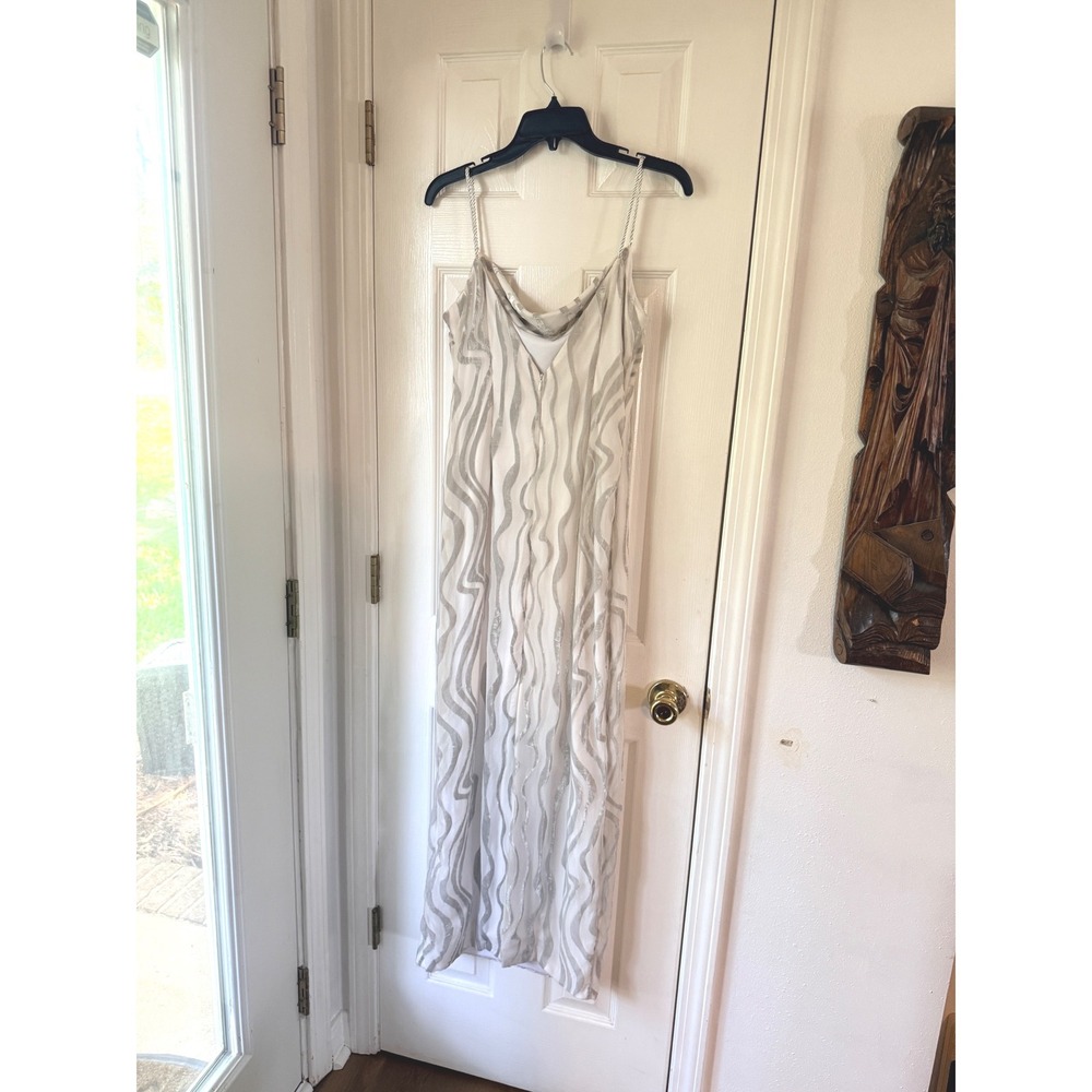 Parker Womens Printed Sleeveless Maxi Dress Silver White Metallic Cowl Neck 6 - Picture 5 of 5